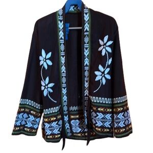 Embroidered Floral Brown Tie Cardigan - Small